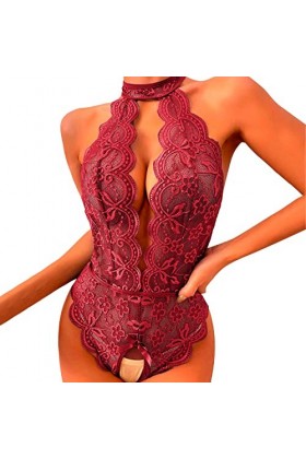 Hasagimol Lingerie Sexy Femme Coquine One-Piece Deep V Dos Nu Réglable Teddy Sous-VêTement Ouvert Dentelle Babydolls Body Com