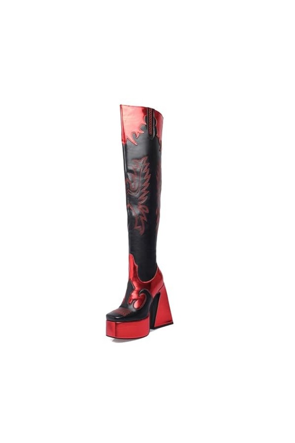 WOkismD 14 CM/5.51IN Épais-Semelle Couleur-Bloqué Rouillé Épais Haute-Heeled Sur-Le-Genou Bottes Grande Taille Carré Toe Côté