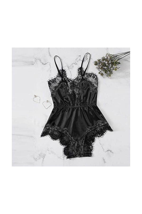 Soutien-gorge sexy en dentelle pour femme Siam sans manches Body Body Costume Babypad Sexy Mini jupe Femme, Noir , M