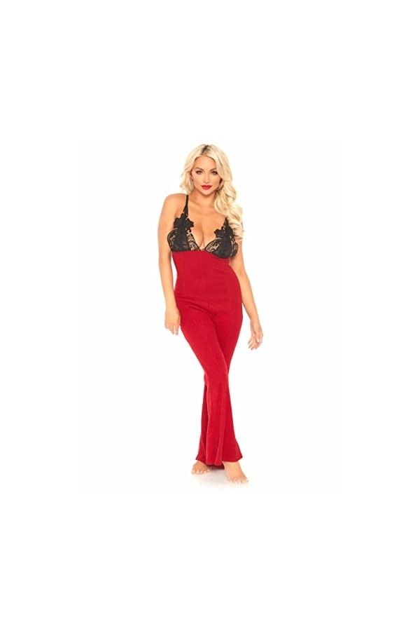Leg Avenue 86651 Combinaison à Côtes Brossée Ornée de Dentelle Rouge Noir Taille M/L EUR 42-44