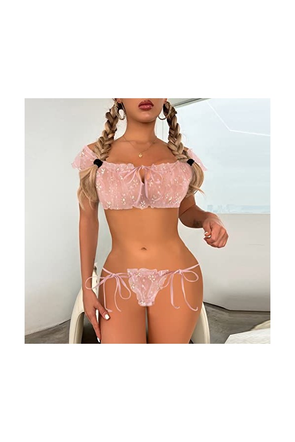 Lingerie Rangement Haut en Dentelle Transparente et String Filles sous-vêtements Voir à Travers Deux pièces Ensemble Lingerie