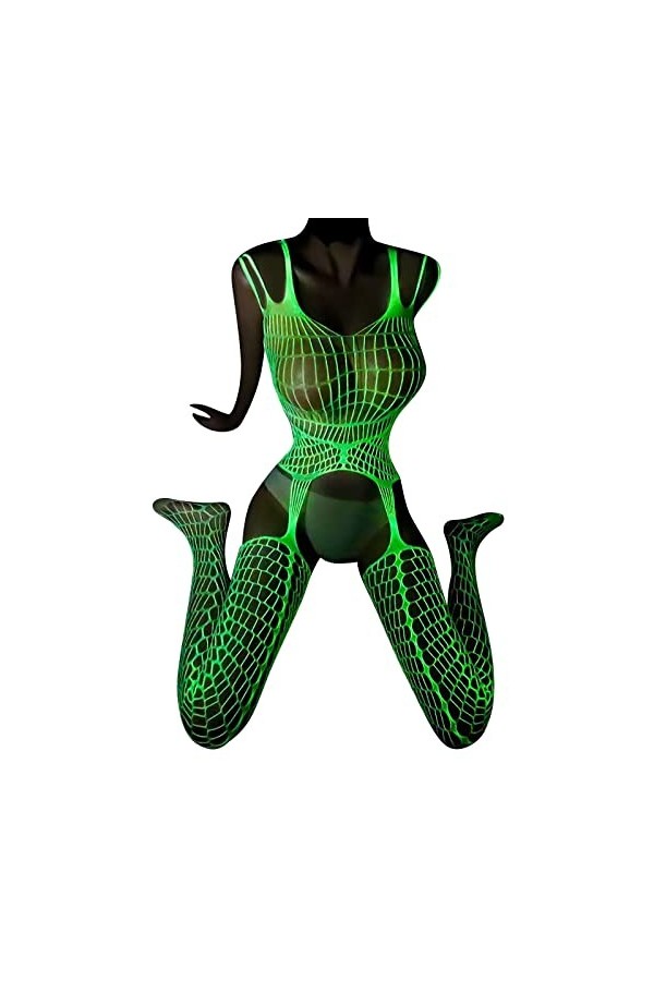 liaddkv Legging réfléchissant lumineux pour femme - Bas résille creux - Bas sexy avec devant ouvert - Bas de genou - Lingerie