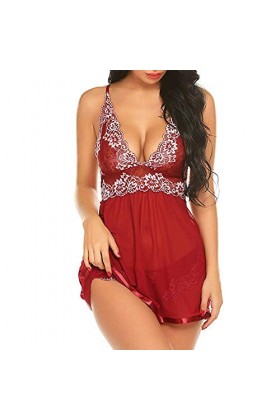 PANPANY Teddy Dentelle en V Cou Halter Lingerie Set Femmes vêtements de Nuit Sexy Chemise Bodies Sexy Red, XXL 