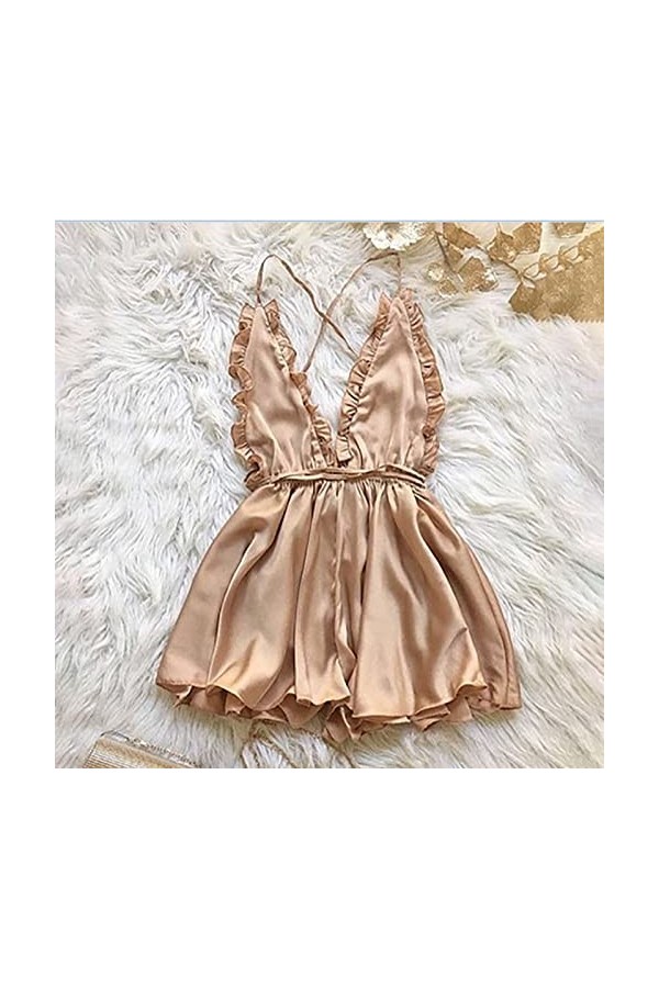 liaddkv Robe sexy pour femme avec bord doreille en bois, col en V profond, dos nu, lingerie sexy, Rose, L