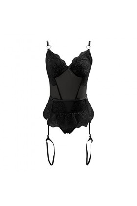 Jiabing Femmes Lace Lingerie Sexy Sleepwear Romper Jumpsuit Sleepwear Dentelle sous-vêtements Cher Black, M 