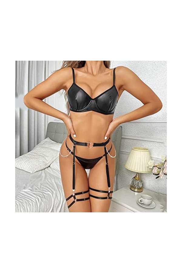 Lingerie Sexy pour Femmes Trois pièces sous-vêtements chaîne Cou Taille Joint Lourd Artisanat Sexy Lingerie Valentin Sexy Bl