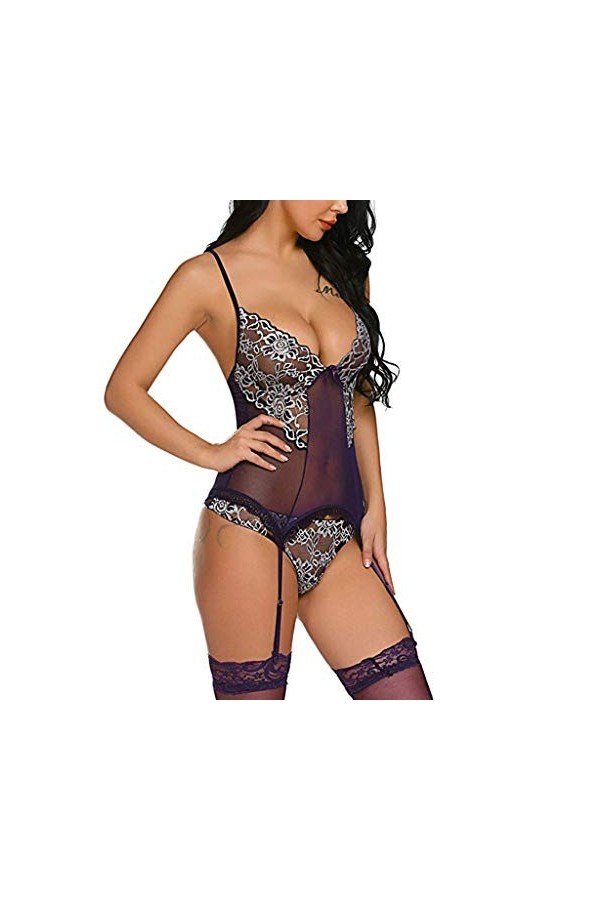 LDadgf Sexy Broderie Jumpsuit Dentelle Femmes Sous-vêtements avec Collants Sexy Combinaison Femme Lingerie, lilas, L