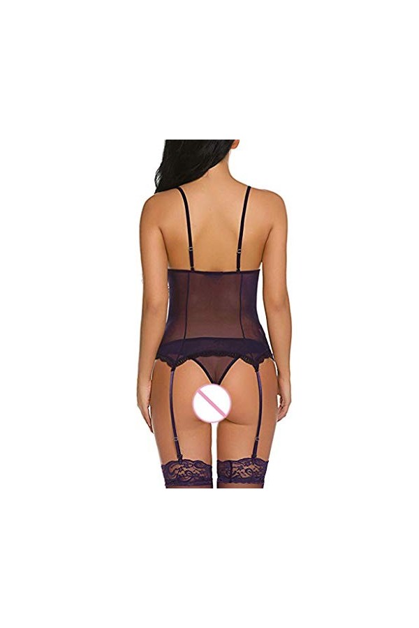 LDadgf Sexy Broderie Jumpsuit Dentelle Femmes Sous-vêtements avec Collants Sexy Combinaison Femme Lingerie, lilas, L