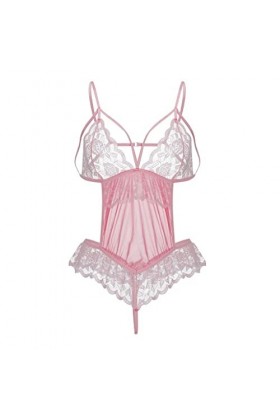 UOWEG Sexy Mesh Dentelle Femmes Sheer Backless Bodysuit Teddy Jumpsuit Lingerie Sexy Dentelle Lingerie Pink, XL 