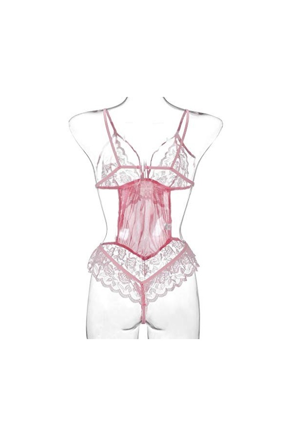 UOWEG Sexy Mesh Dentelle Femmes Sheer Backless Bodysuit Teddy Jumpsuit Lingerie Sexy Dentelle Lingerie Pink, XL 