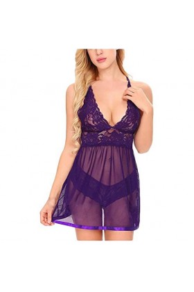 Pyjama ouvert pour femme - Taille S à 2XL - Sous-vêtements sexy en dentelle - Jeu de rôle, lilas, S