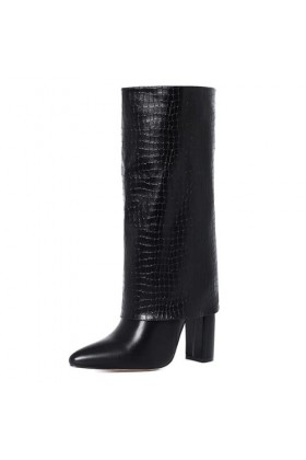 WOkismD 8CM / 3.14IN Bout pointu Sexy Épais Talon Manches Lâche Pantalon Bottes Genou-Haute Bottes Pierre Motif Catwalk Droit