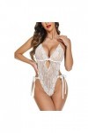 Lingerie sexy pour femme - Dentelle florale - Lingerie sexy sans bords - Entrejambe ouverte, Blanc., XXL