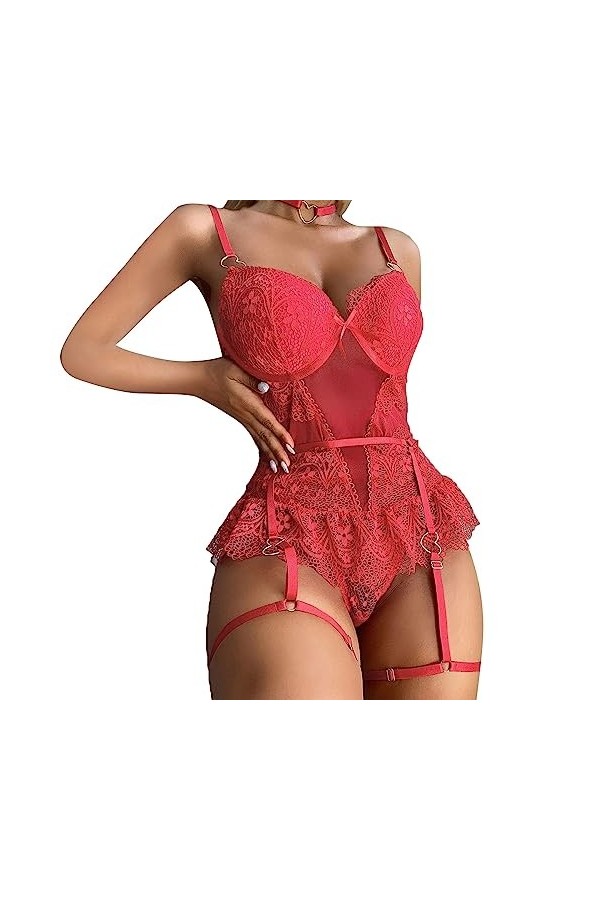 Jiabing Femmes Lace Lingerie Sexy Sleepwear Romper Jumpsuit Sleepwear Dentelle sous-vêtements Cher Red, M 