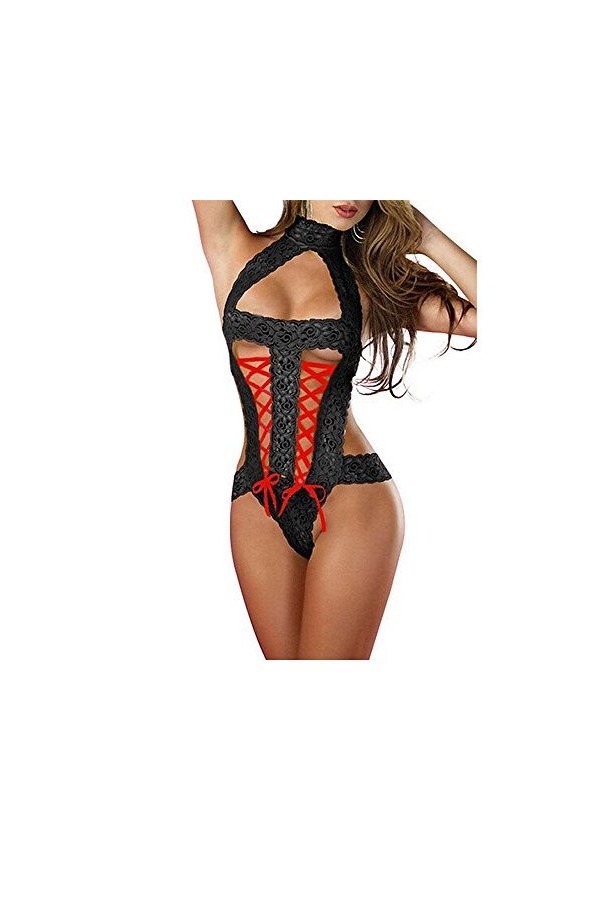 Trydoit Femmes Dentelle Bowknot Temptation Underwear Combinaison éVider Lingerie Noir 