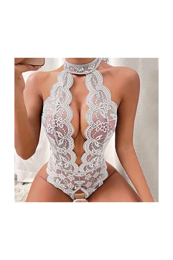 Hasagimol Lingerie Sexy Femme éRotique Hot Une pièce Deep V Dos Nu Réglable Teddy Sous-VêTement Entrejambe Ouvert Dentelle Ba
