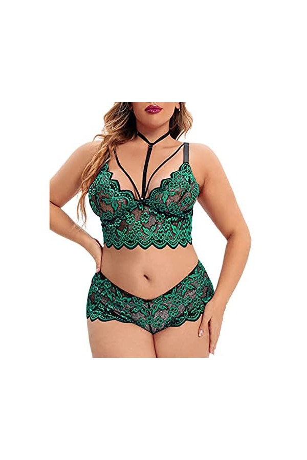 LDadgf Ensemble de lingerie sexy pour femme avec licol, tour de cou, soutien-gorge à lanières et culotte, 2 pièces en dentell