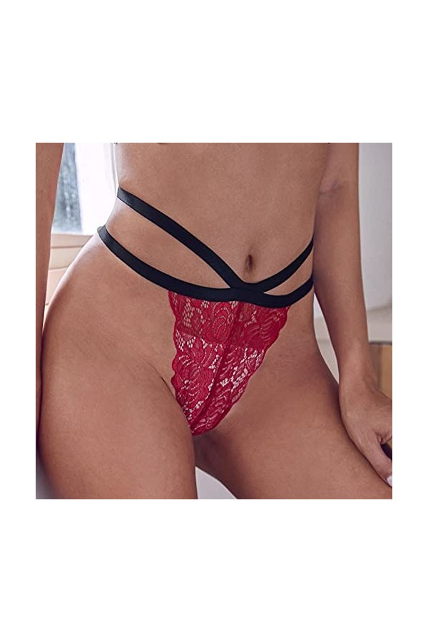 UOWEG Culotte Femmes Sexy Faible Thong Voir-Through Dentelle sous-vêtements sans Couture Taille Tenue Sexy Homme Wine, L 