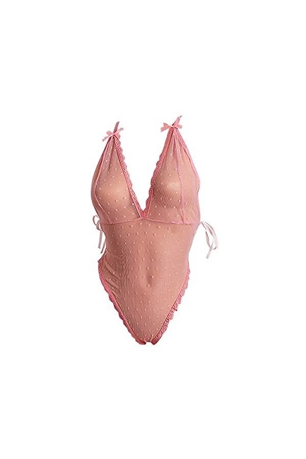 Combinaison ultra fine sexy en maille avec bretelles transparentes et lingerie sexy avec bretelles sexy, Rose, M