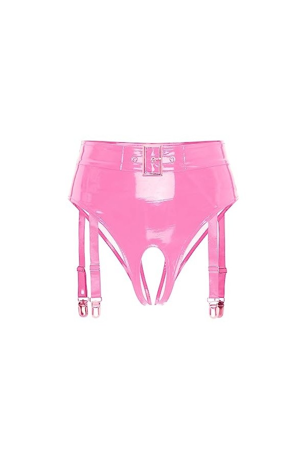 Freebily Femme Bas Porte-Jarretelle G-String Culotte Transparent Dentelle Simili Cuir Brillant Jarretière Ajustable Bas Linge