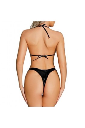 Aiihoo Femmes Sexy Ensemble Cuir Soutien-Gorge et Culotte Set de Lingerie Erotique Vêtements Intérieur pour Dormir Noir M
