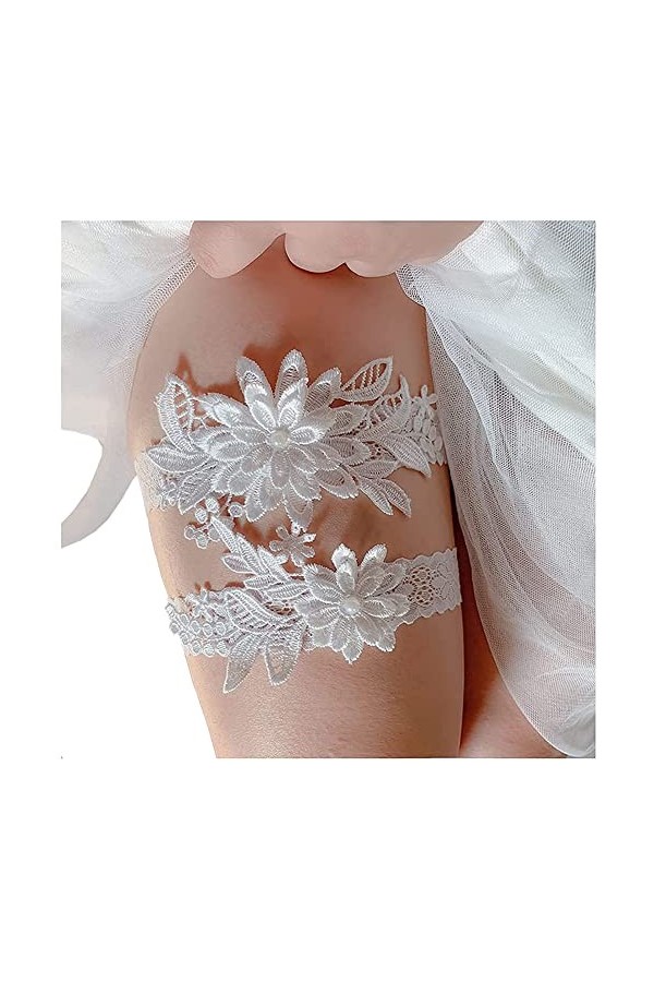 Bamboopack Lot de 2 jarretières de mariage en dentelle pour femme Blanc