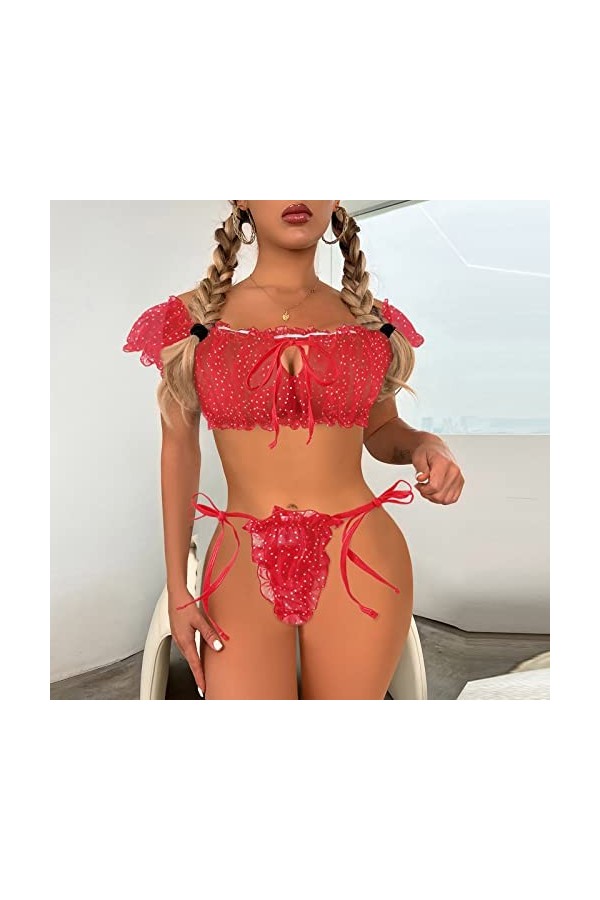 Sexy Homme Lingerie Haut en Dentelle Transparente et String Filles sous-vêtements Voir à Travers Deux pièces Ensemble Lingeri