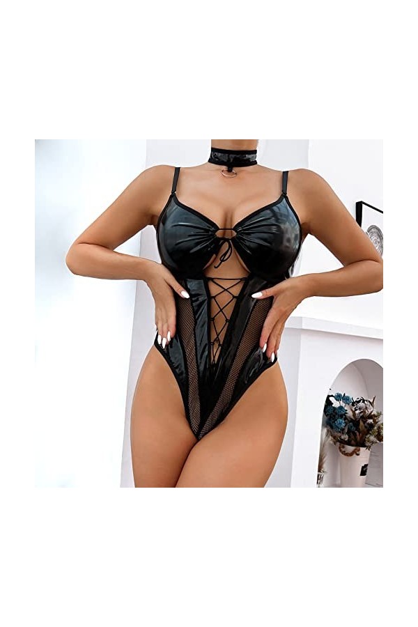 Lingerie Femme Sexy Ensemble Homme Sexy Hot y*2*k Ladies Black Mesh Leather Splicing Ladies Sexy Chemise de Nuit Sexy Transpa