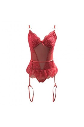 Jiabing Femmes Lace Lingerie Sexy Sleepwear Romper Jumpsuit Sleepwear Dentelle sous-vêtements Cher Red, XL 