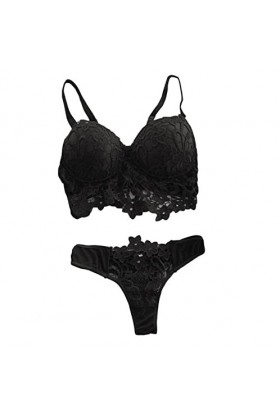 IKFIVQD Lingerie sexy en dentelle avec string et col sans fil pour femme, Noir-b, 3XL