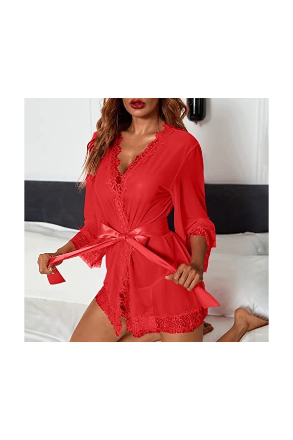 Ensemble de lingerie sexy en maille avec string pour femme, Rouge, M