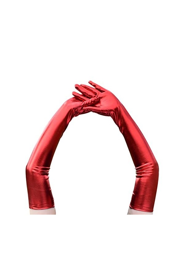 CAMDOM Gants longs sexy en cuir PU verni pour femme, Rouge, taille unique