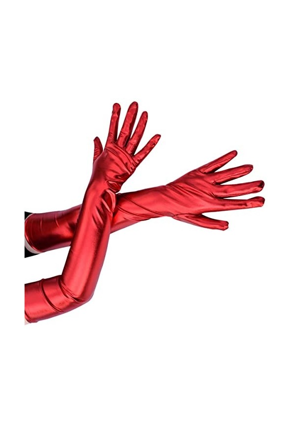 CAMDOM Gants longs sexy en cuir PU verni pour femme, Rouge, taille unique