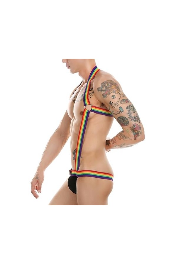 WSZJLN Collants Sexy à Bretelles pour Hommes, Jockstrap Nu, Harnais Dos Nu, Combinaison Adulte-Arc-en-Ciel-L