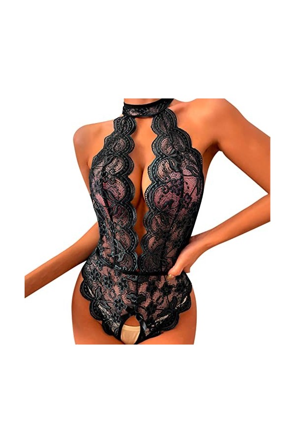 Hasagimol Lingerie Sexy Femme éRotique Hot Une pièce Deep V Dos Nu Réglable Teddy Sous-VêTement Entrejambe Ouvert Dentelle Ba