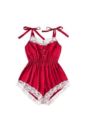 Luckywaqng Combinaison sexy en dentelle satinée et soie Blanc, Noir , XL