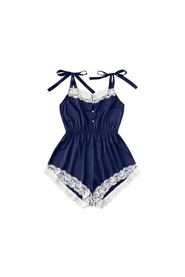 Luckywaqng Combinaison sexy en dentelle satinée et soie Blanc, Noir , XL