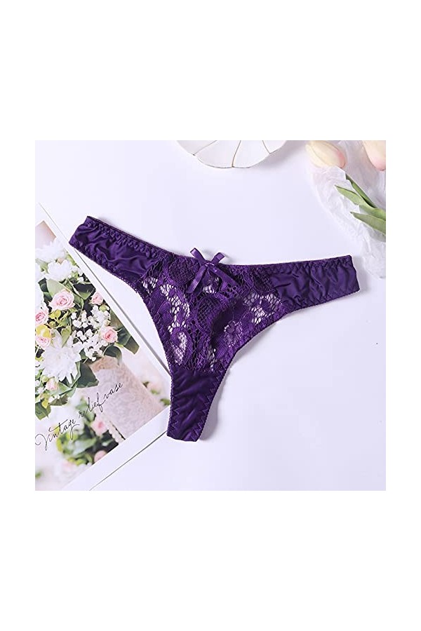 Waist Lace Thong Cotton Out Hollow for Lace Low Sexy Women Culottes Through Lingerie Ensemble Purple, L 