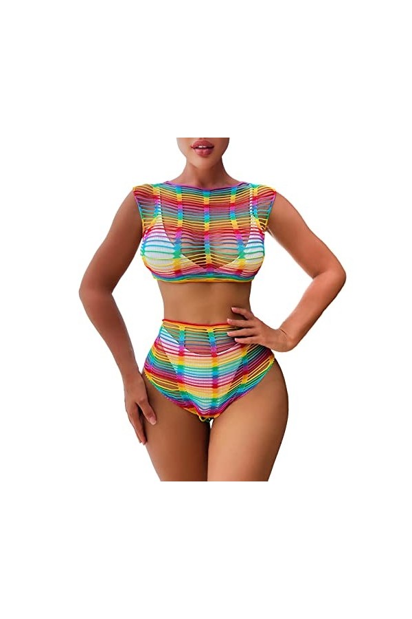 Blouson de bikini de plage coloré pour femme, lingerie sexy, passion, résille, 2 pièces en maille filet, Rose, taille unique