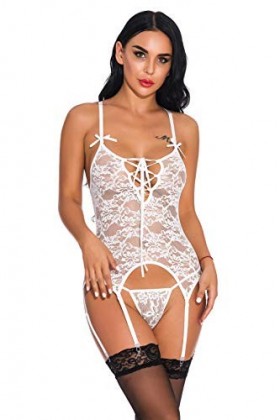 Touchlover Femmes Vêtements de Nuit Sexy Lingerie Dentelle Mis en Maille Nuisette Chemise de Nuit Sleepwear Robe + G-String E