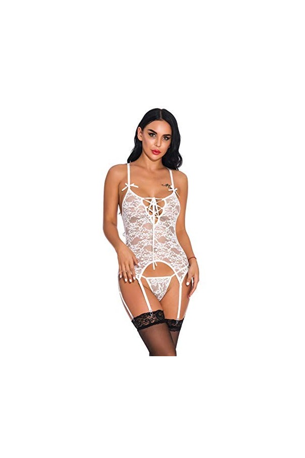 Touchlover Femmes Vêtements de Nuit Sexy Lingerie Dentelle Mis en Maille Nuisette Chemise de Nuit Sleepwear Robe + G-String E