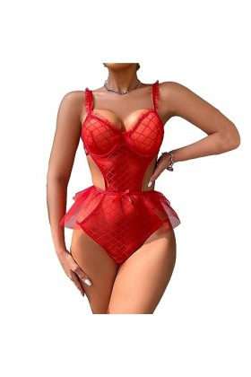 ZDJSWJ Femmes Cils Dentelle Jupe serrée Maille sous-vêtements Teddy Pyjama Une Seule pièce à Lacets V-Neck Pyjama Rouge,L 