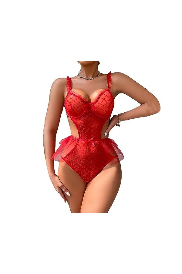 ZDJSWJ Femmes Cils Dentelle Jupe serrée Maille sous-vêtements Teddy Pyjama Une Seule pièce à Lacets V-Neck Pyjama Rouge,L 
