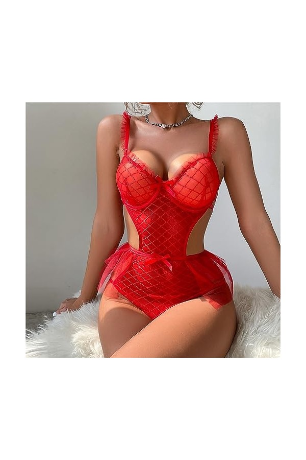 ZDJSWJ Femmes Cils Dentelle Jupe serrée Maille sous-vêtements Teddy Pyjama Une Seule pièce à Lacets V-Neck Pyjama Rouge,L 