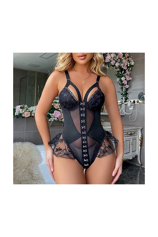 Femmes Tout-en-Un Dentelle sous-vêtements V Bouton Papillon Boucle sous-vêtements poupée Maille Mini Collants sous-vêtements 