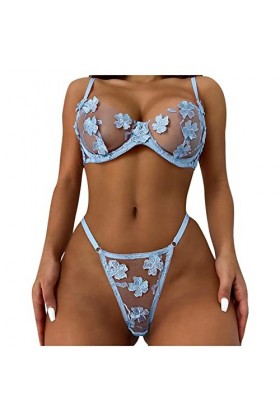 Lingerie Erothique Sexy, Femme Sous-Vêtements Sexy À Broderie Fleurs En Deux Pièces Avec Anneau Acier Lingerie Ensemble Souti