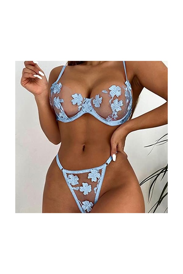 Lingerie Erothique Sexy, Femme Sous-Vêtements Sexy À Broderie Fleurs En Deux Pièces Avec Anneau Acier Lingerie Ensemble Souti