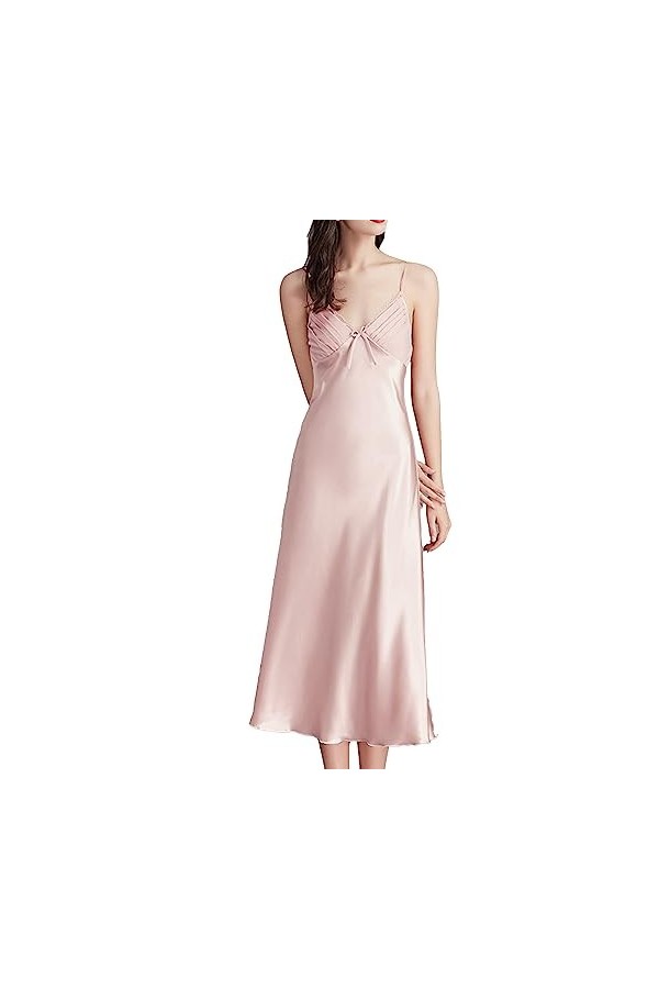 ZDJSWJ Pyjama Long en Satin de Soie pour Femme Pyjama décontracté à col V Sling Pyjama Pyjama en Soie Couleur Rose,XXL 
