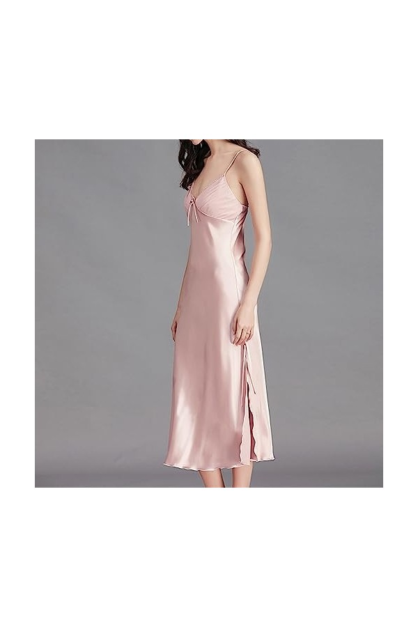 ZDJSWJ Pyjama Long en Satin de Soie pour Femme Pyjama décontracté à col V Sling Pyjama Pyjama en Soie Couleur Rose,XXL 
