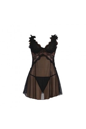 ZDJSWJ sous-vêtements Leopard Doll pour Femmes Pyjama à col V Teddy à Lacets Pyjama en Dentelle Pyjama Grande Taille Noir,3X